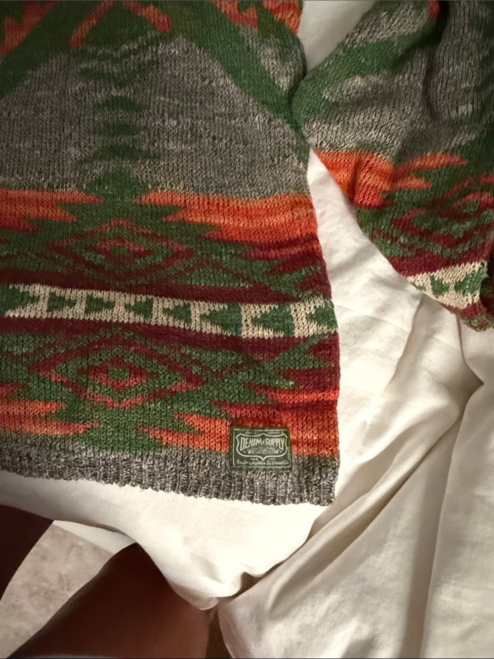 Denim & Supply Ralph Lauren Gray Knit Pullover with Green & Orange Pattern - Picture 3 of 4